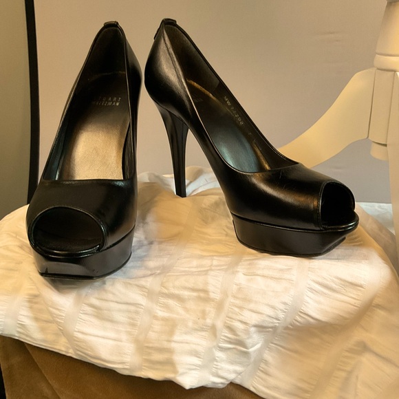 Stuart Weitzmann Black Leather, Open Toe, Platform Sole, Stiletto Heels - Picture 1 of 16